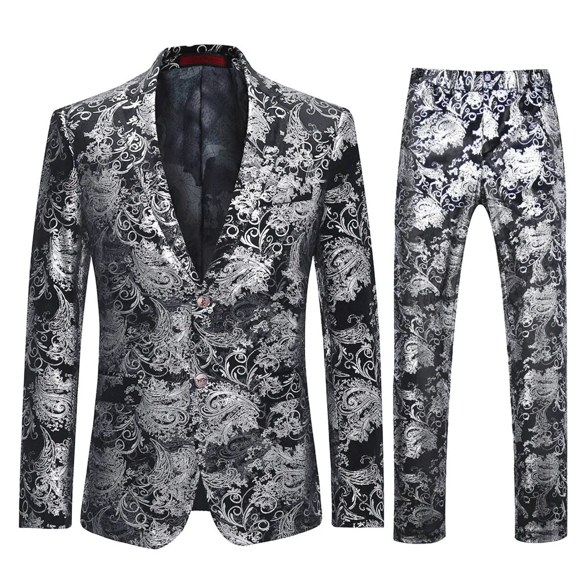 2-Piece Slim Fit Stylish Dress Floral Suit Silver