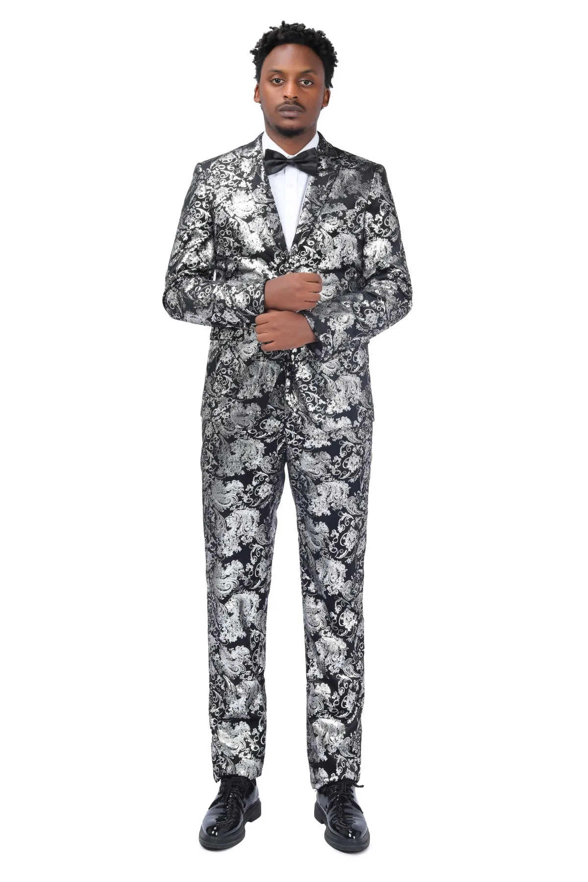 2-Piece Slim Fit Stylish Dress Floral Suit Silver