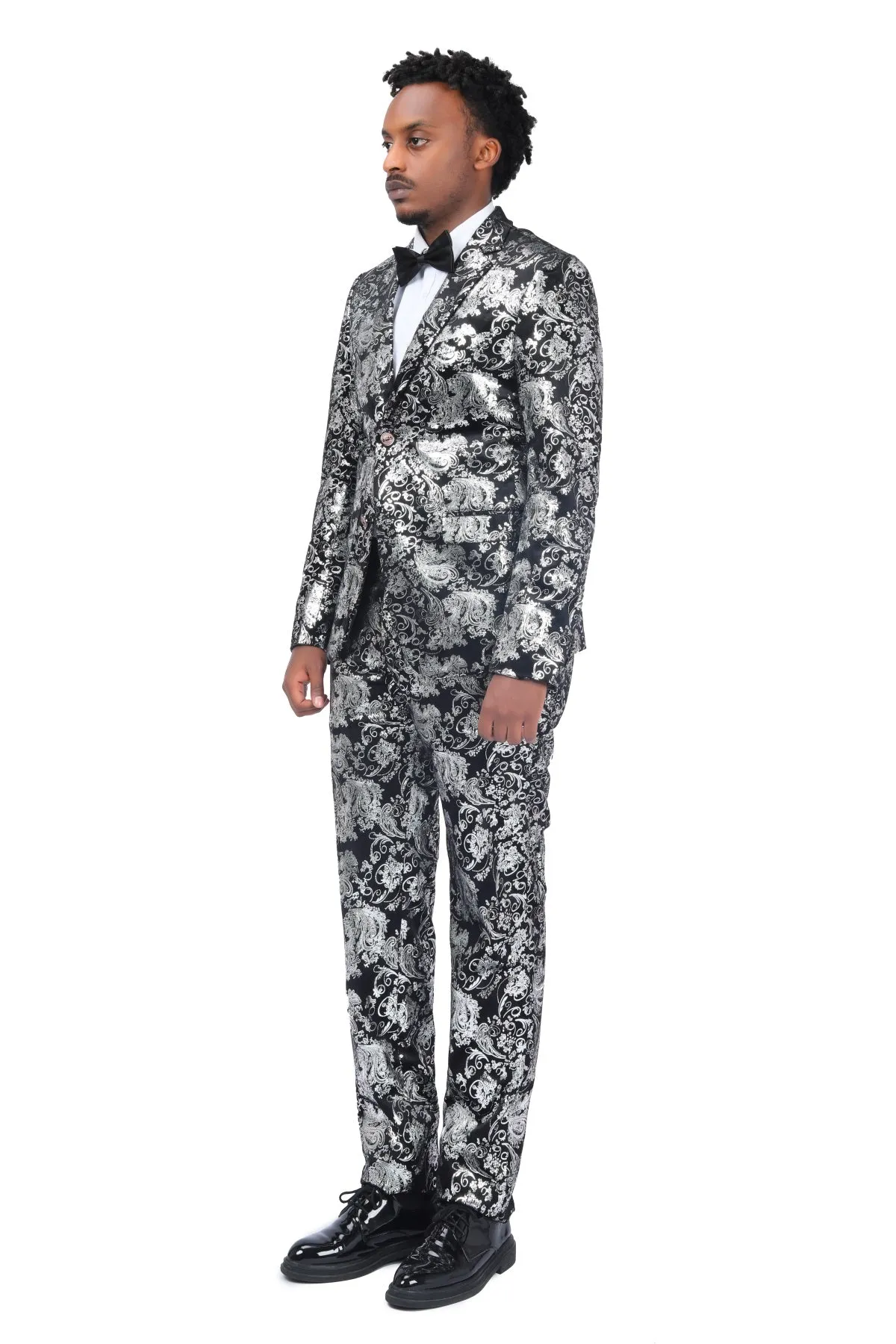 2-Piece Slim Fit Stylish Dress Floral Suit Silver