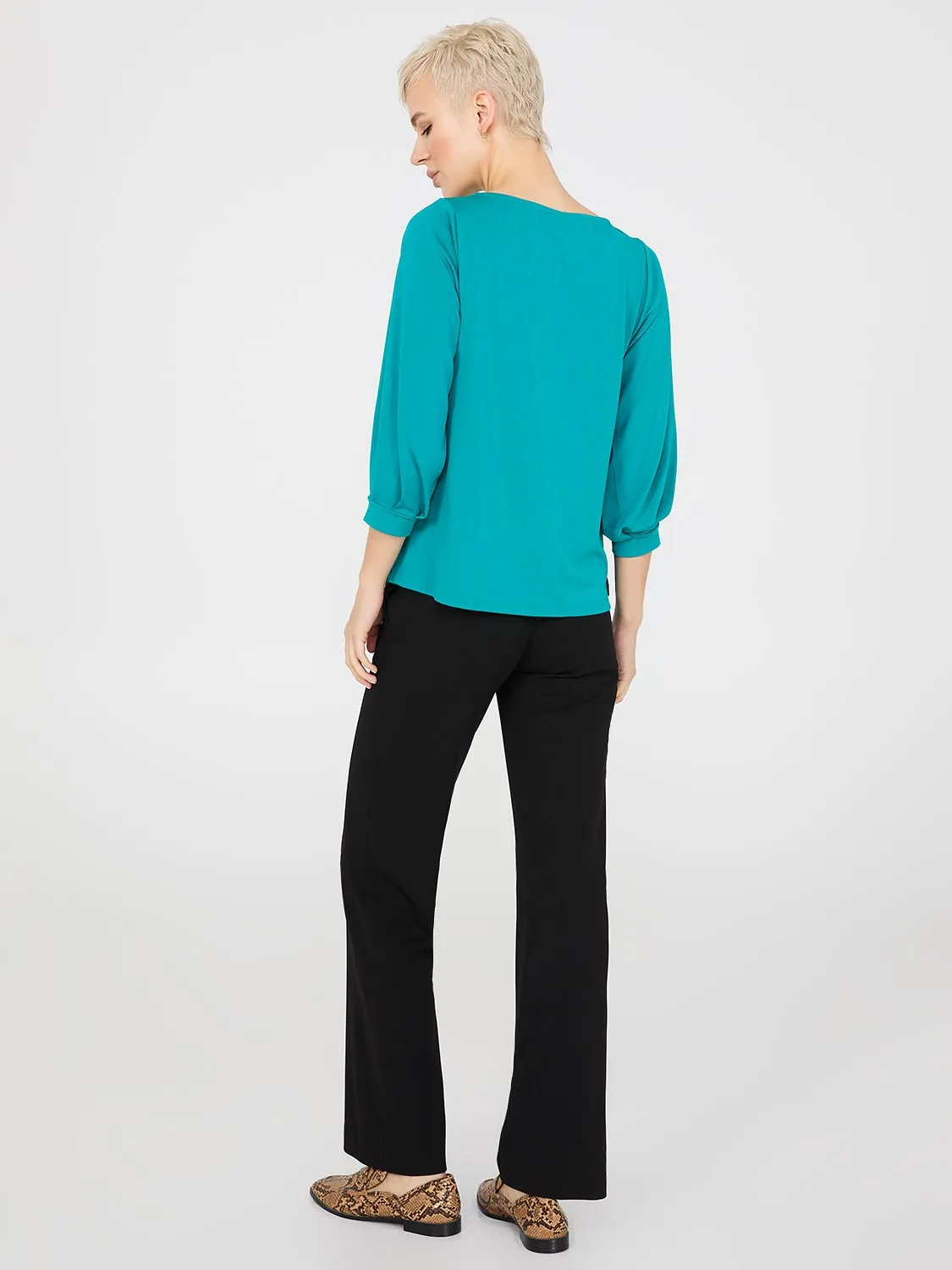 3/4 Pleated Sleeve Boat Neck Top