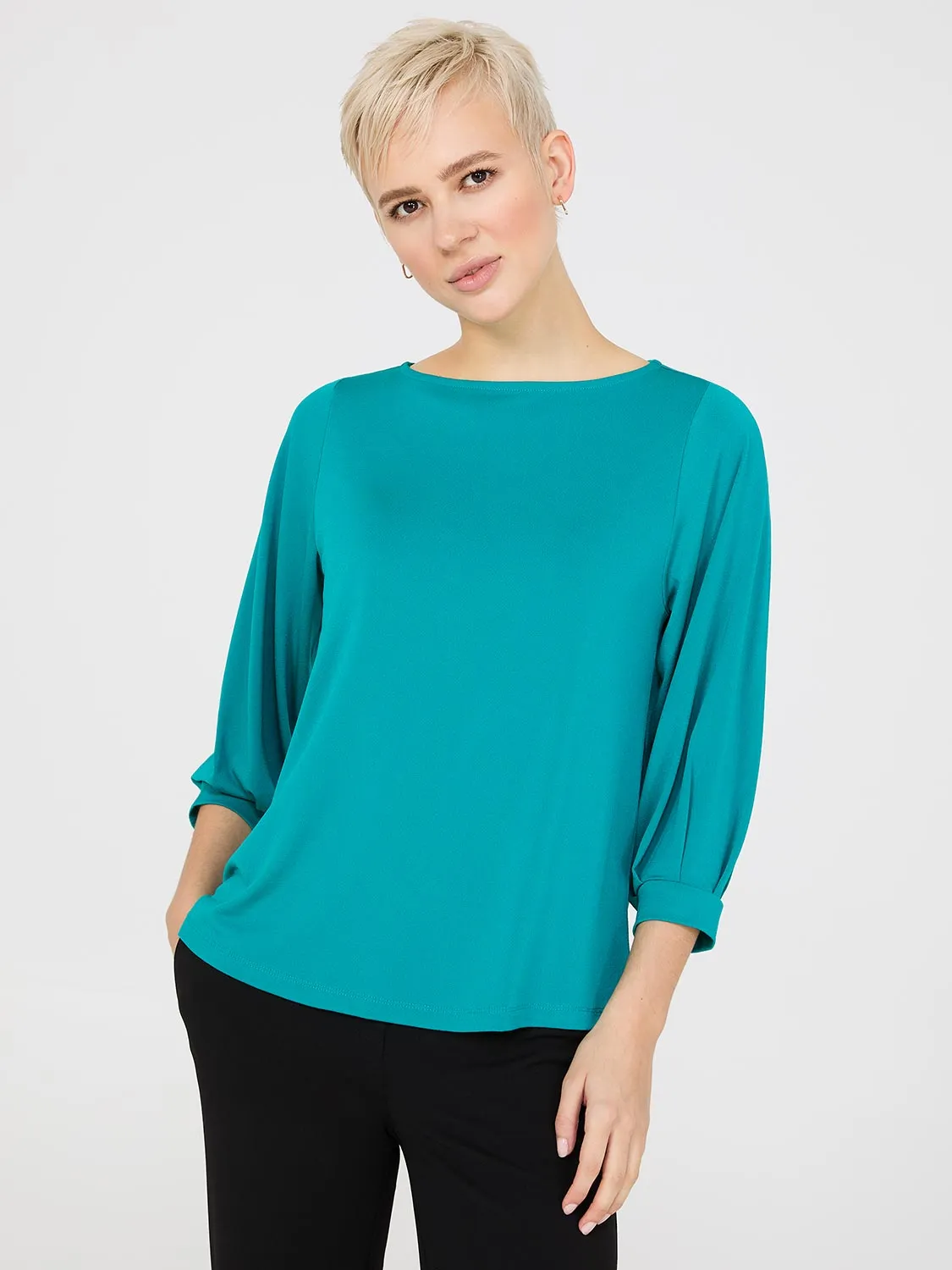 3/4 Pleated Sleeve Boat Neck Top