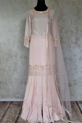 90K120 Powder Pink Embroidered Silk Sharara Suit with Dupatta