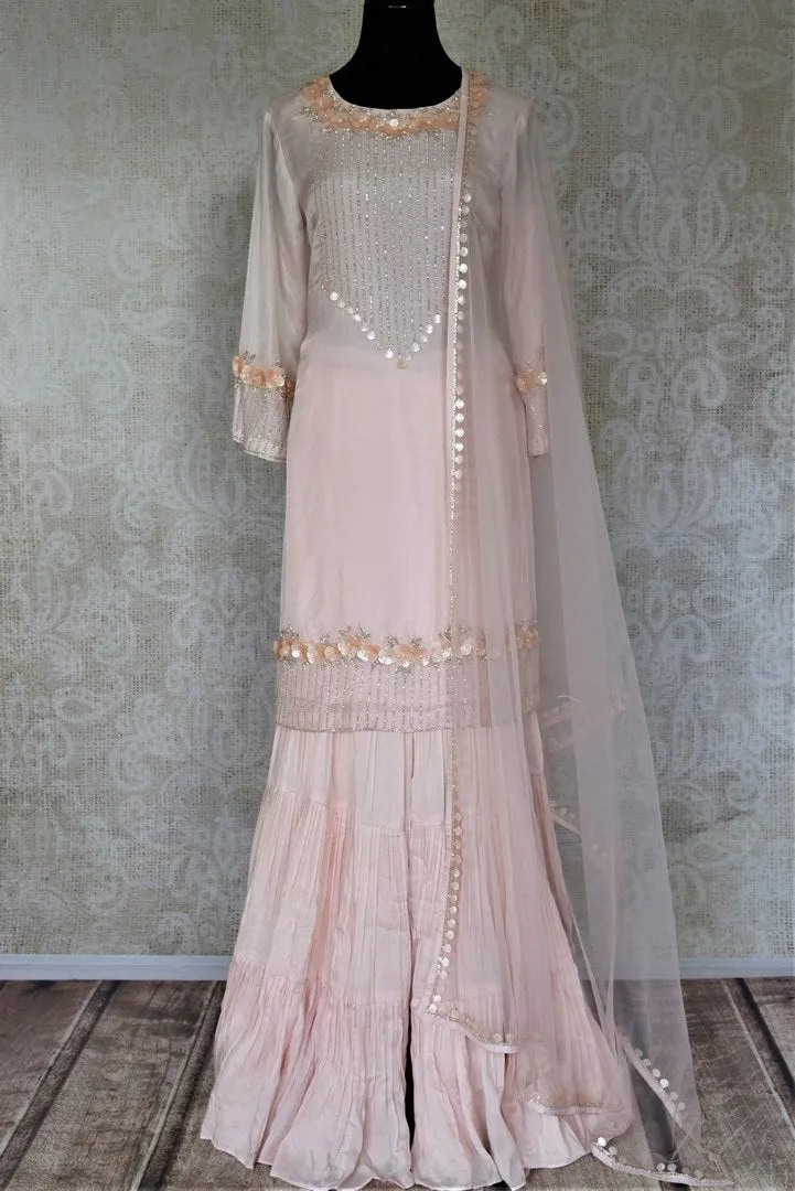 90K120 Powder Pink Embroidered Silk Sharara Suit with Dupatta