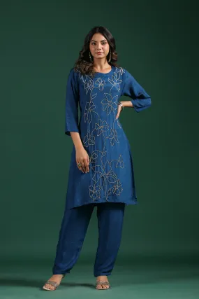 Bright Blue Embellished Habutai Silk Pants Set