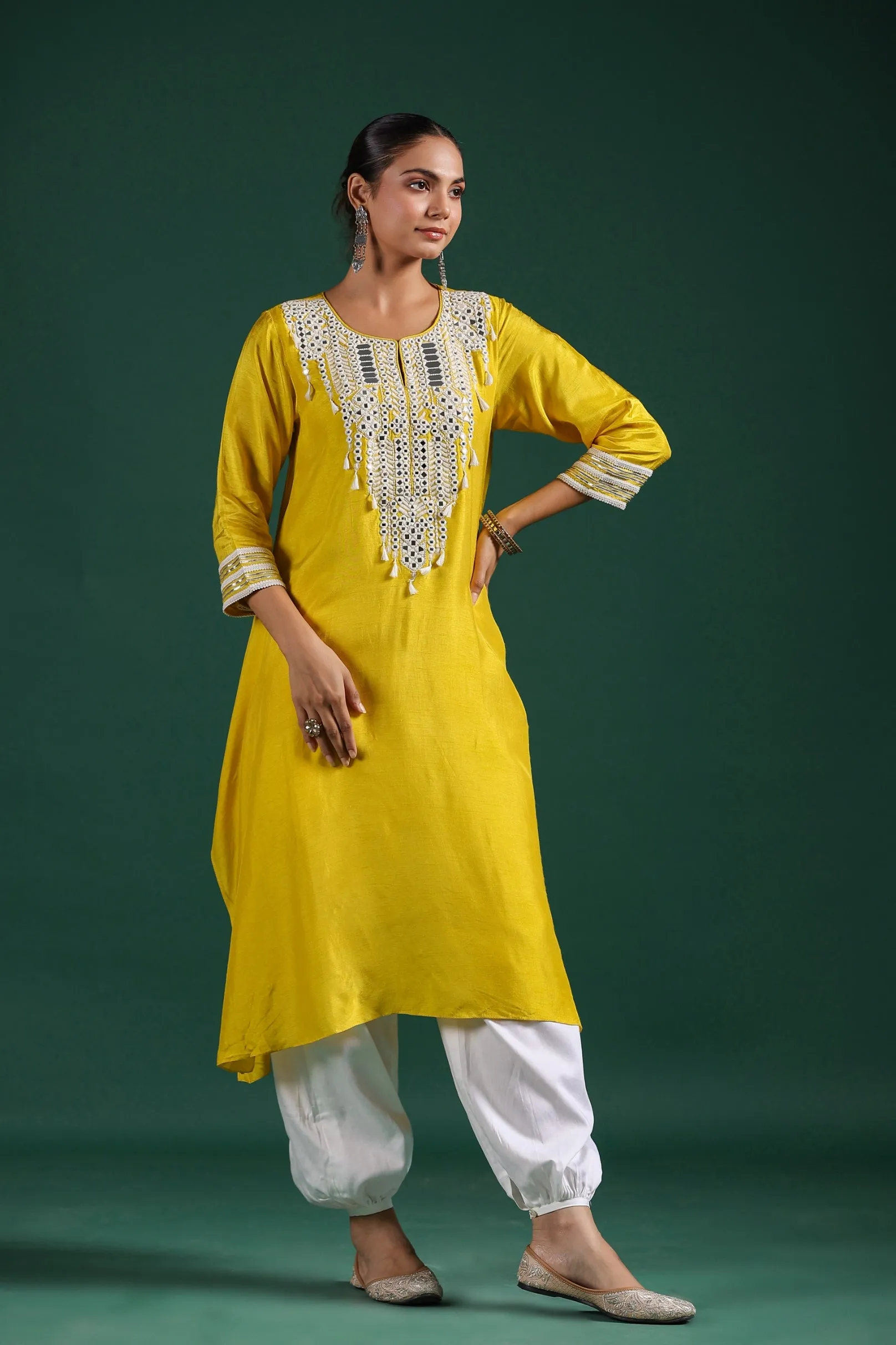 Bright Yellow Embroidered Raw Silk Pants Set