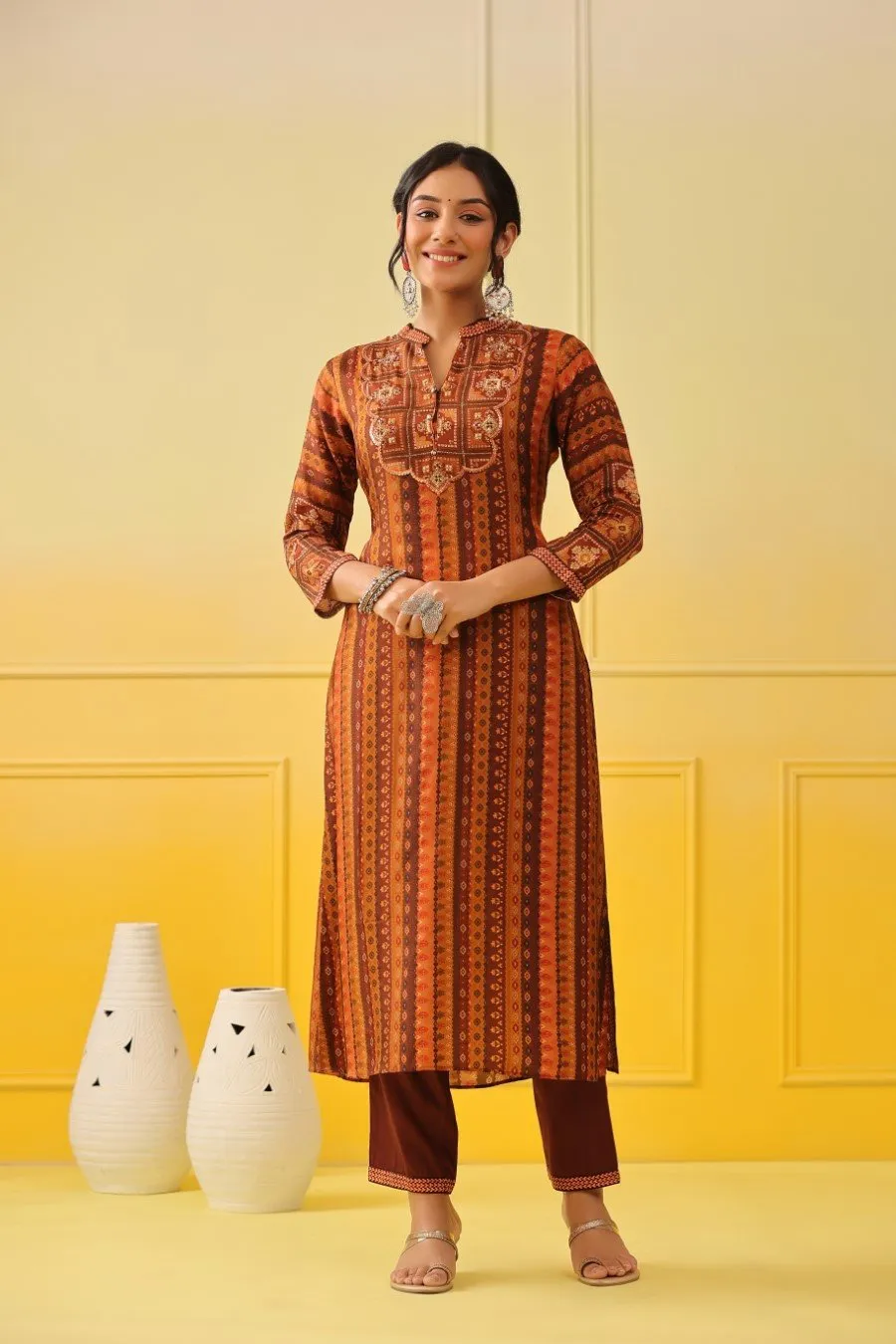 Brown Printed Tussar Silk Kurta with Pant