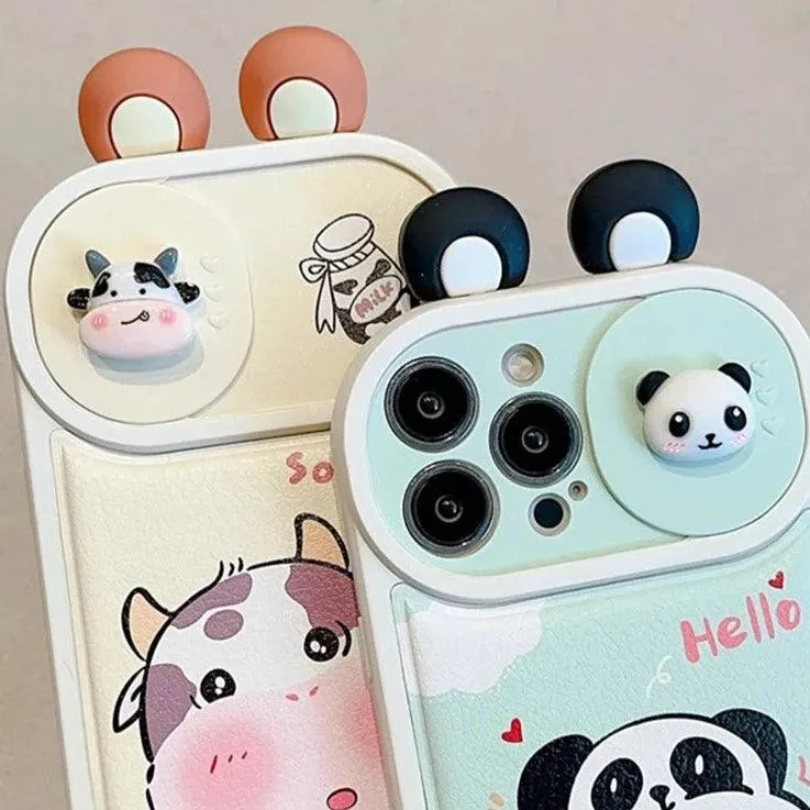 Cartoon 3D Ears Panda Cow Cute Phone Case For iPhone 11, 12, 13, 14, 15 Pro Max