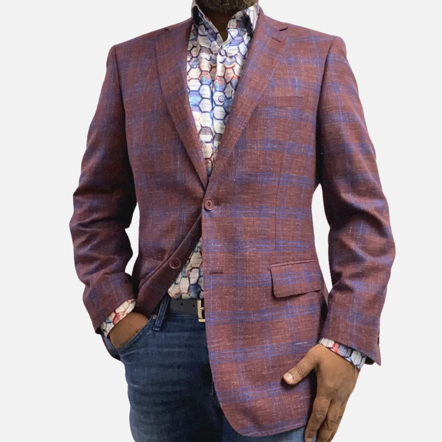 Classic Plaid Men's Wine Sports Coat Blazer - Premium 100% Wool Fabrication