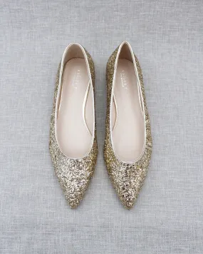 Gold Pointy Toe Glitter Flats