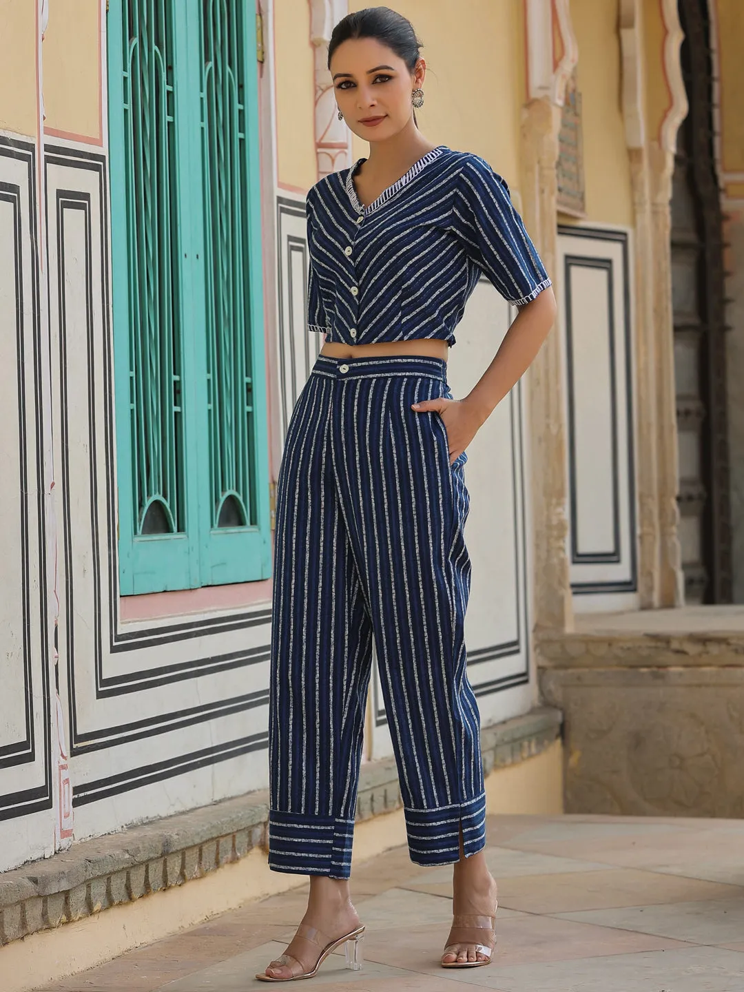 Juniper Navy blue Striped Printed cotton flex Crop Top & Pants Set With Thread Work