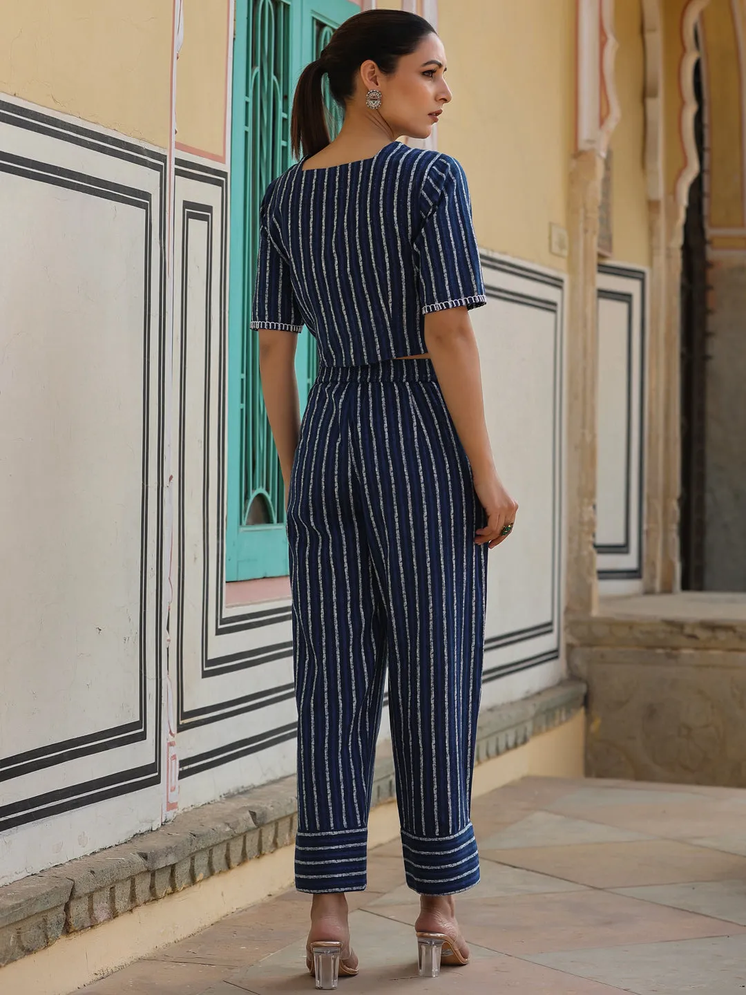 Juniper Navy blue Striped Printed cotton flex Crop Top & Pants Set With Thread Work