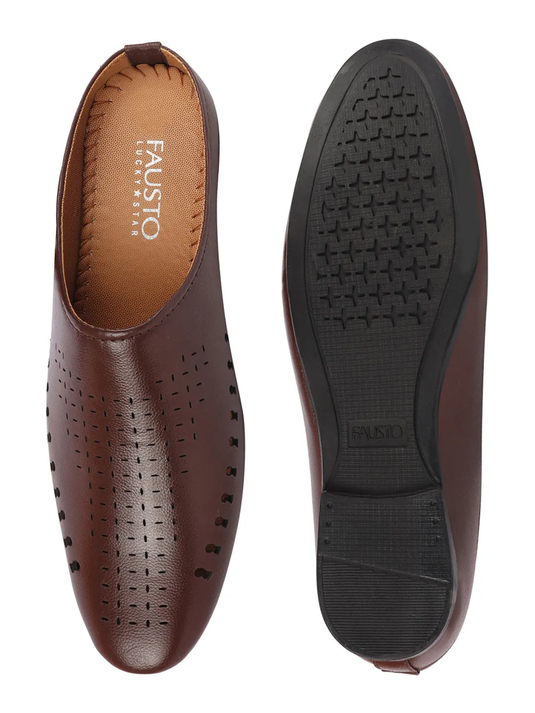 Men Brown Back Open Slip On Ethnic Mules Wedding Shoes