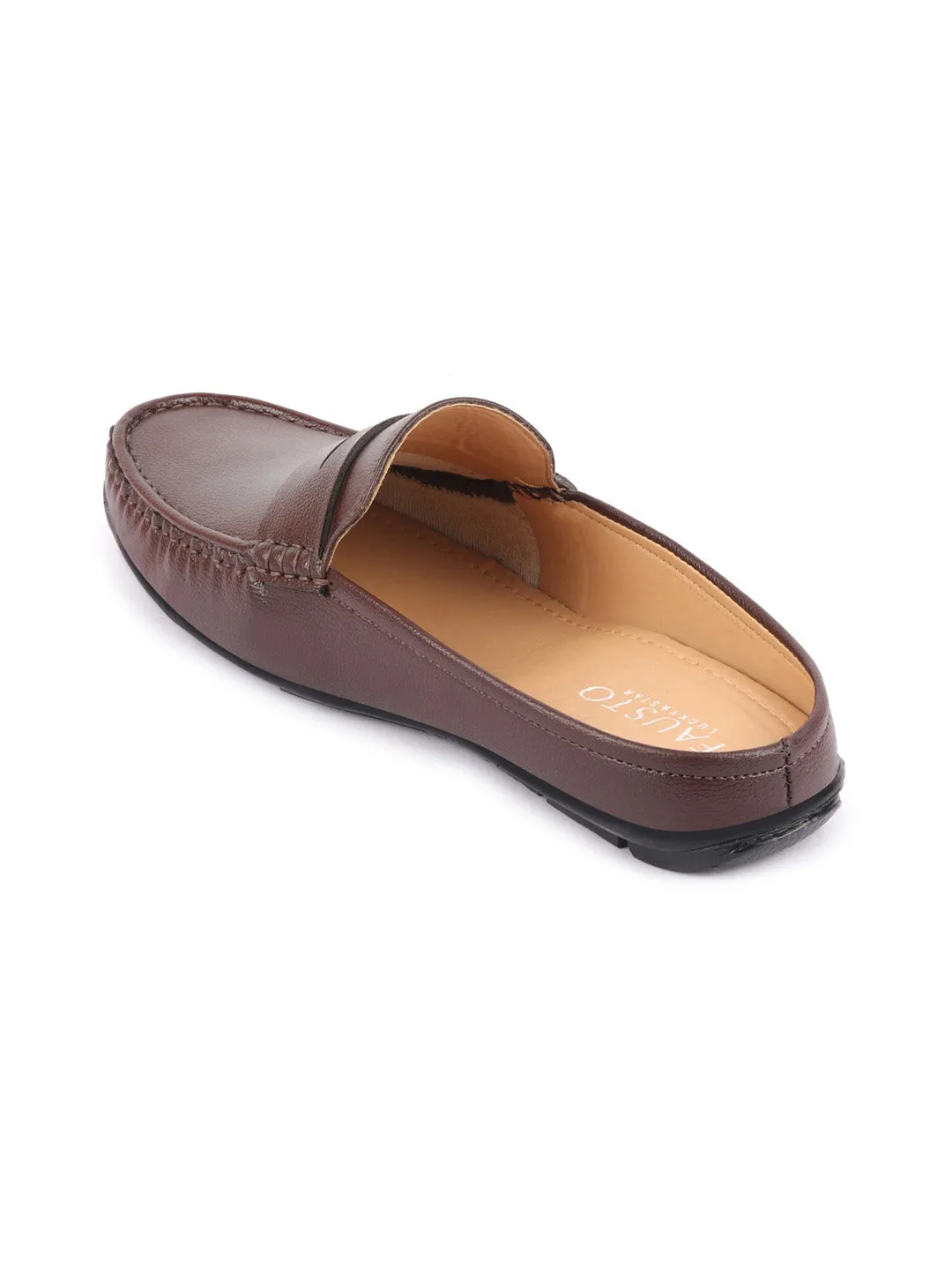 Men Brown Slip On Back Open Stitched Mules Casual Shoes