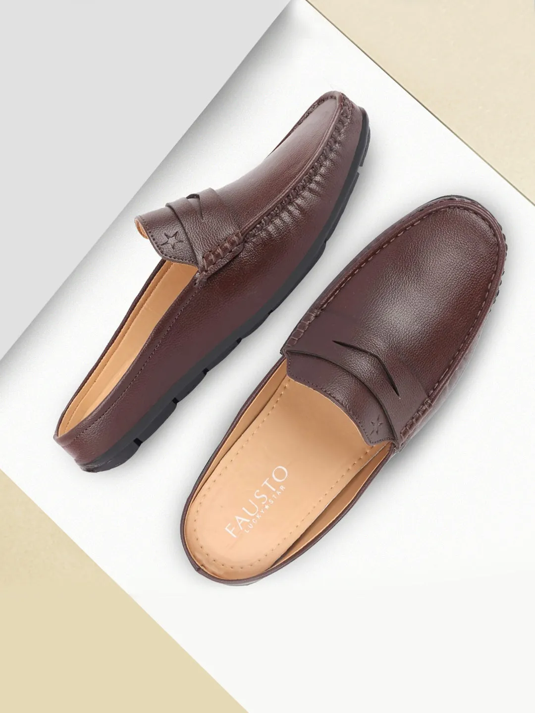 Men Brown Slip On Back Open Stitched Mules Casual Shoes