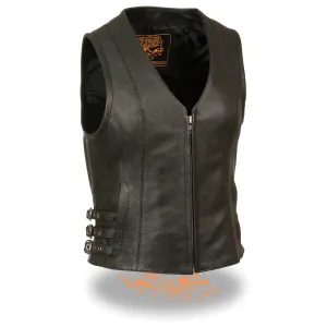 Milwaukee Leather MLL4510 Women's Black Naked Leather Side Buckle Motorcycle Rider Vest with Front Zip Closure