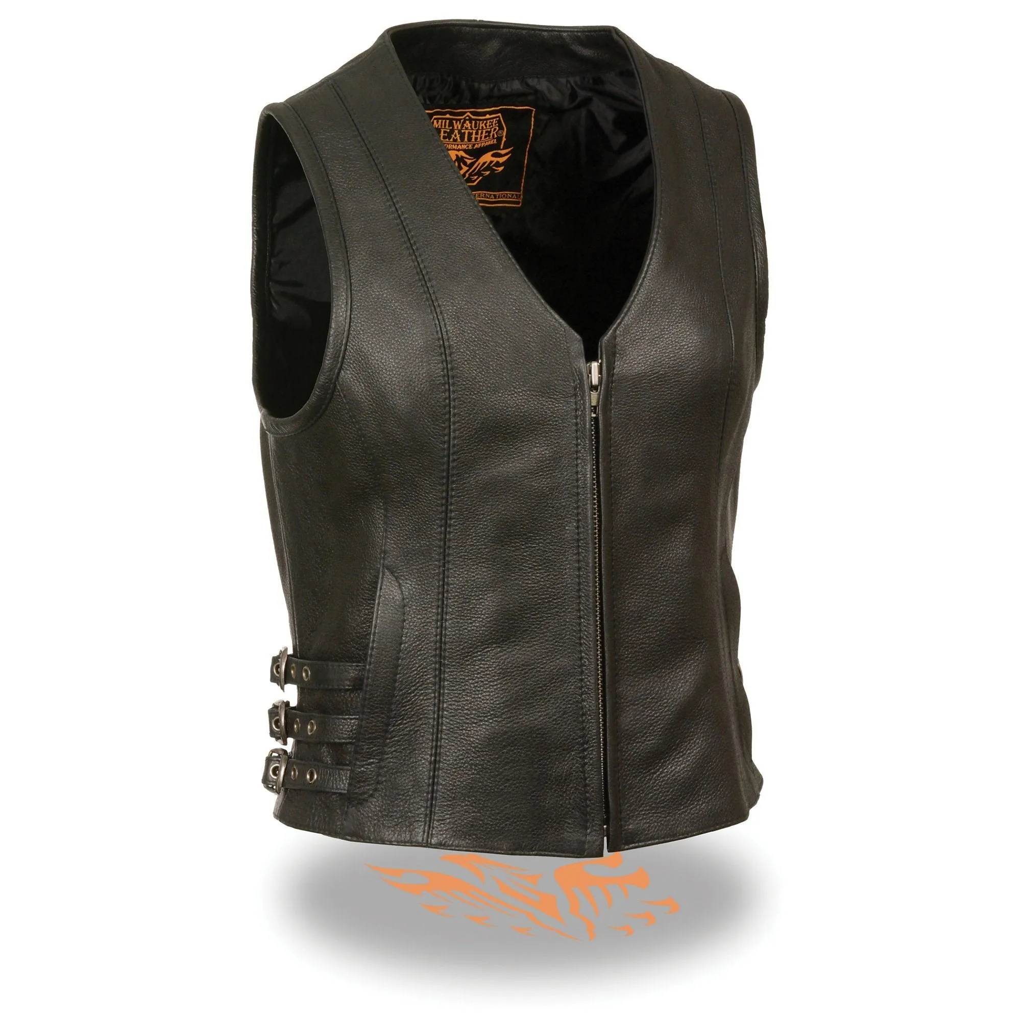 Milwaukee Leather MLL4510 Women's Black Naked Leather Side Buckle Motorcycle Rider Vest with Front Zip Closure