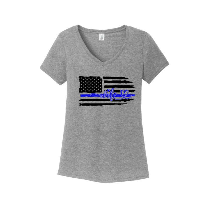 Thin Blue Line Wife Police Super Soft Ring Spun 100% Cotton Midweight Ladies  VNeck T-Shirt TShirt