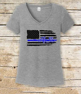 Thin Blue Line Wife Police Super Soft Ring Spun 100% Cotton Midweight Ladies  VNeck T-Shirt TShirt