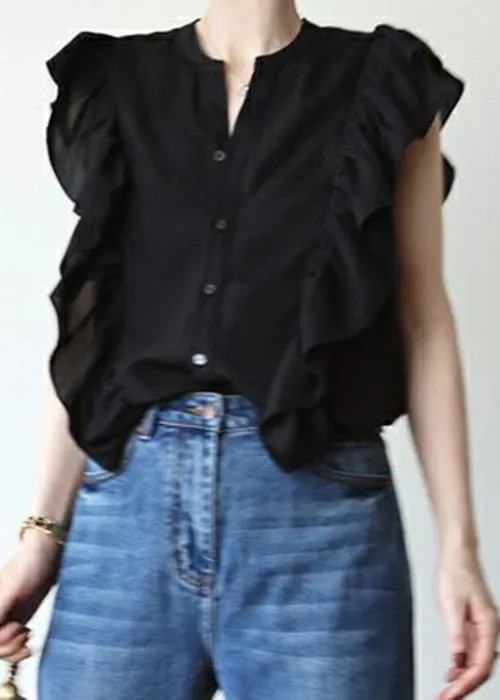 Women Black Ruffled Solid Button Silk Vest Sleeveless AB1029