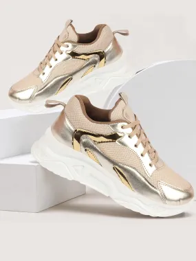 Women Golden Embellished Sporty Design Fashion Stylish Lace Up Sneakers Shoes