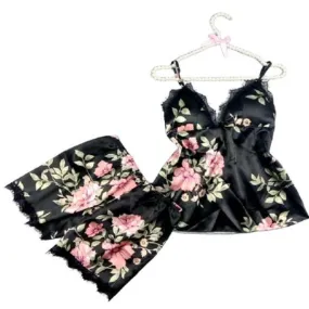 Women Lace Silk Print Camisole Shorts Bow Set Sleepwear For Women