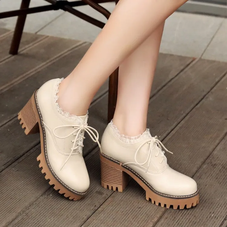 Women's Lace Up Chunky High Heels Shoes