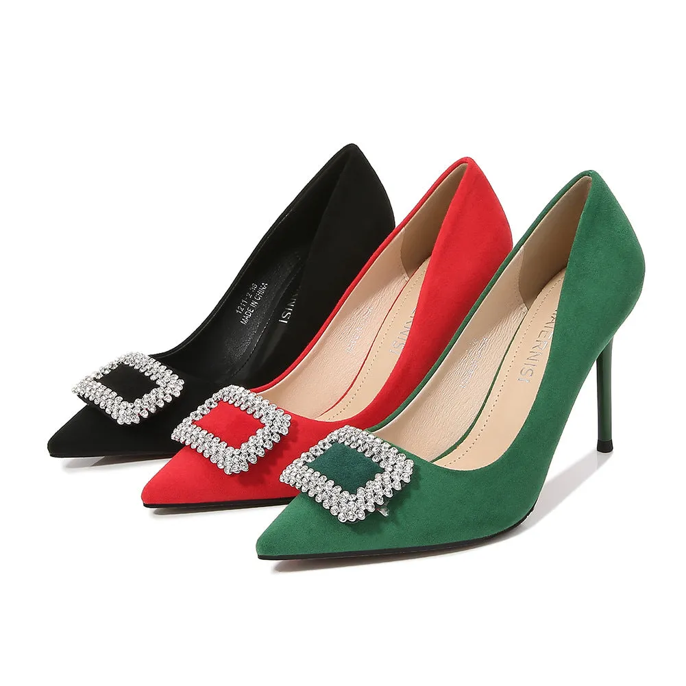 Women's Pointed Toe Rhinestone Square Buckles Shallow Stiletto Heel Pumps